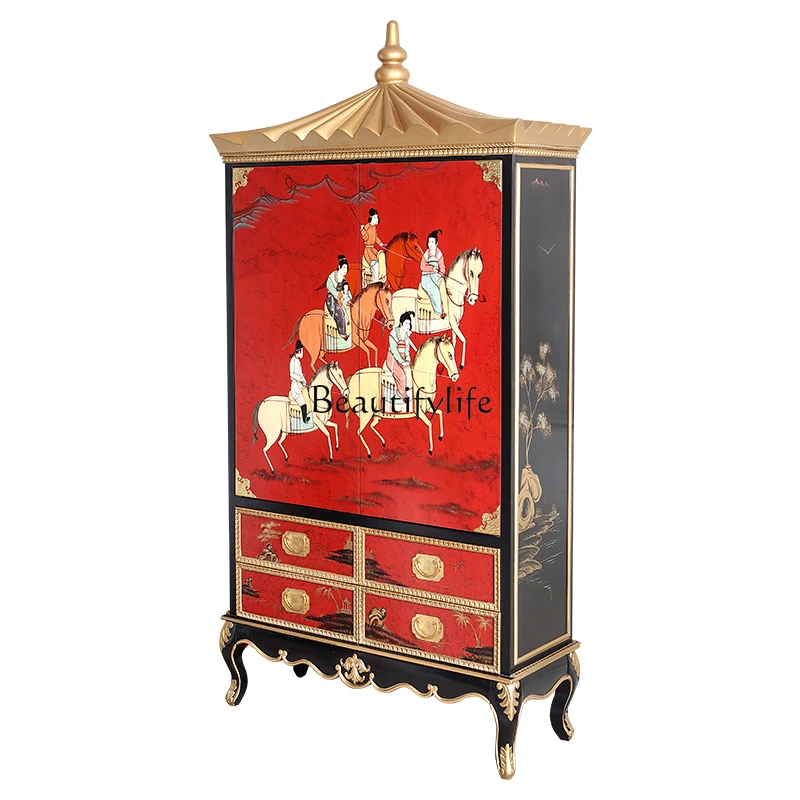 

New Chinese hand-painted villa solid wood double door high-footed display cabinet living room