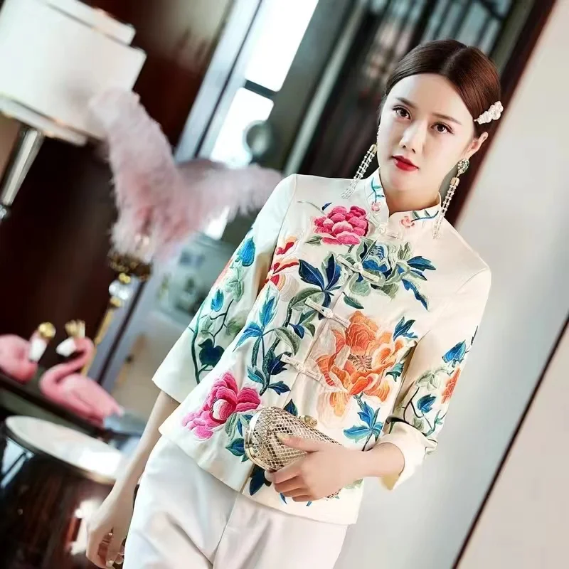 Peony Flower Embroidery Vintage Tang Suit Jacket Women Long Sleeve Single-breasted Loose Stand Collar Chinese Style Outerwear