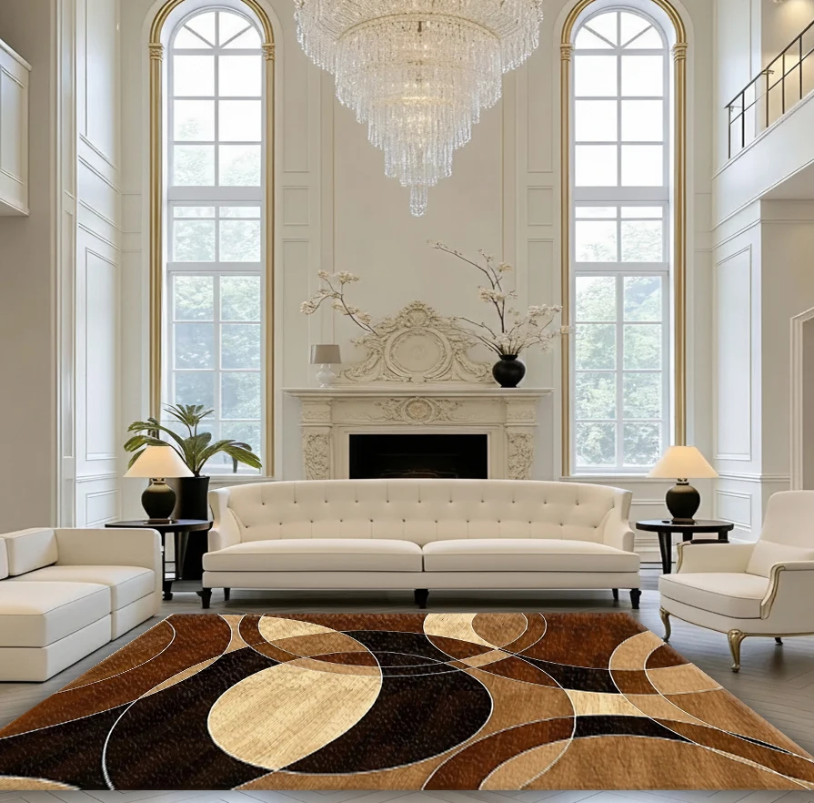 Wood Grain Abstract Curved Geometric Area Rug Brown Beige Non‑Slip Carpet Floor Mat for Living Room Bedroom Home Decor