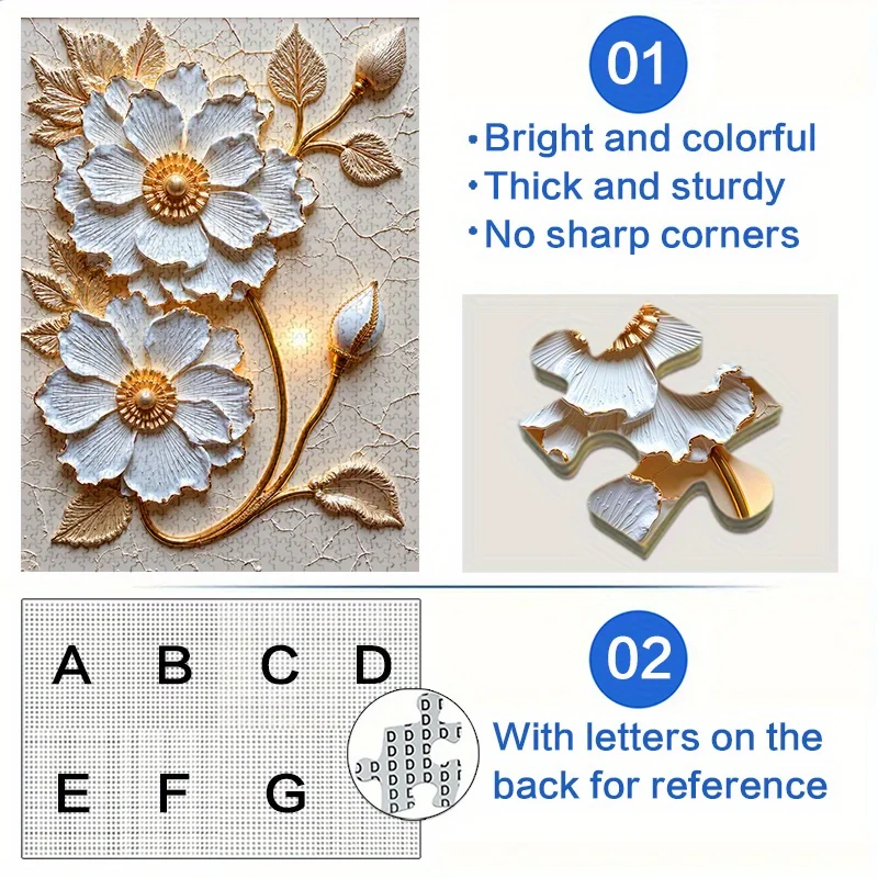 1000 قطعة من أحجية الصور المقطوعة بالزهور البيضاء المزخرفة بالذهب - خدش وجودة عالية، دعابة دماغية عالية المستوى للبالغين - أنيقة H #5