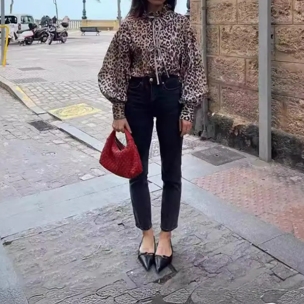 Autumn Casual Leopard Print Bow Top Fashion Long Sleeved Half Neck Cardigan Woman Printed Commuting Cardigan