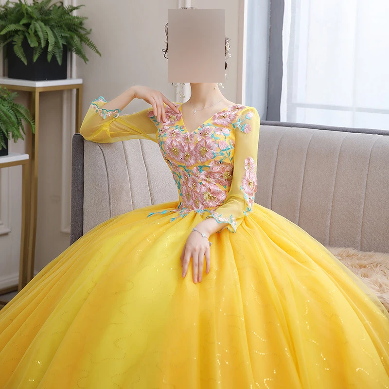 Vestido De baile dorado para mujer, vestidos De quinceañera, apliques De manga larga, vestidos De fiesta De cumpleaños De graduación, Vestido Formal De Noche