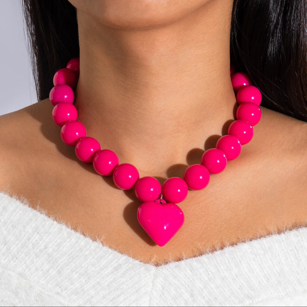 Tocona New Exaggerated Round Bead Heart Pendant Necklace for Women Handmade Adjustable Chain Choker Party Jewelry Gift Collar