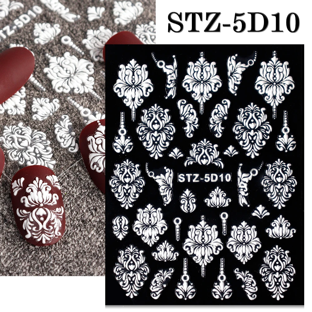 

1Sheet Embossed Nail Stickers White 5D Acrylic Flower Lace Engraved Sticker For Nail Wedding Self Adhesive Sliders Sticker #NL-8