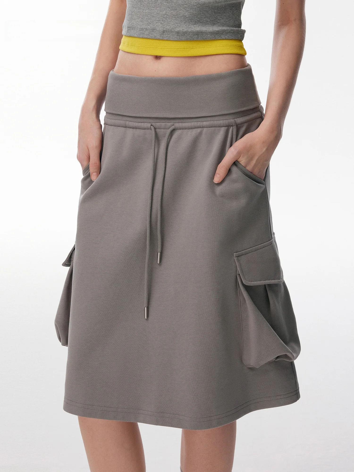 Annachic Workwear Style Multi-Pocket Pleated Elastic Waist Drawstring A-Line Skirt Casual Low Waist Simple Design Ladies Skirt