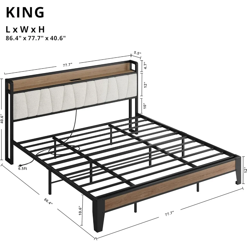إطار سرير LIKIMIO بحجم كينج مع لوح رأسي للتخزين، شحن USB، قوي وصامت، لا يتطلب صندوق زنبركي، تجميع بسيط