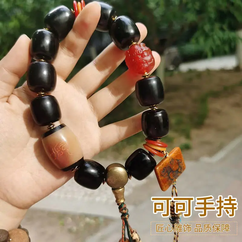Coco Sicily's pride black old material 18mm bracelet with lion beads brass three-way connector and soybean-shaped bar