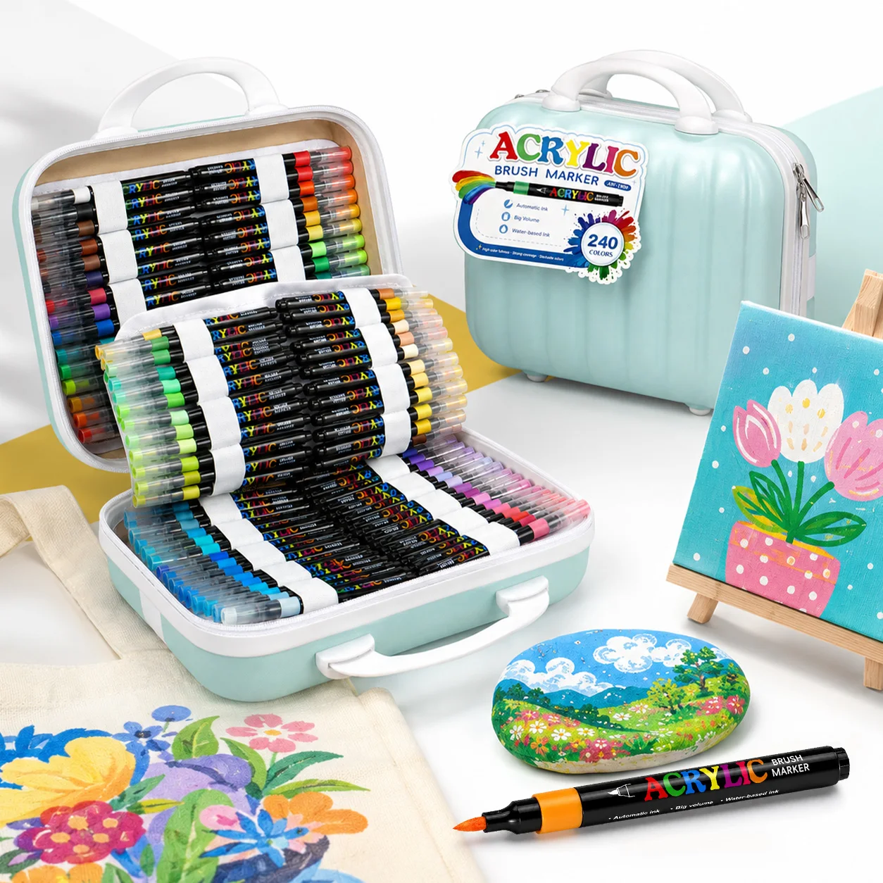 240 Colors Set Acrylic Paint Markers Brush Tip Paint for Rock Painting Festival Gift DIY Art Pens Comes Remove Luggage