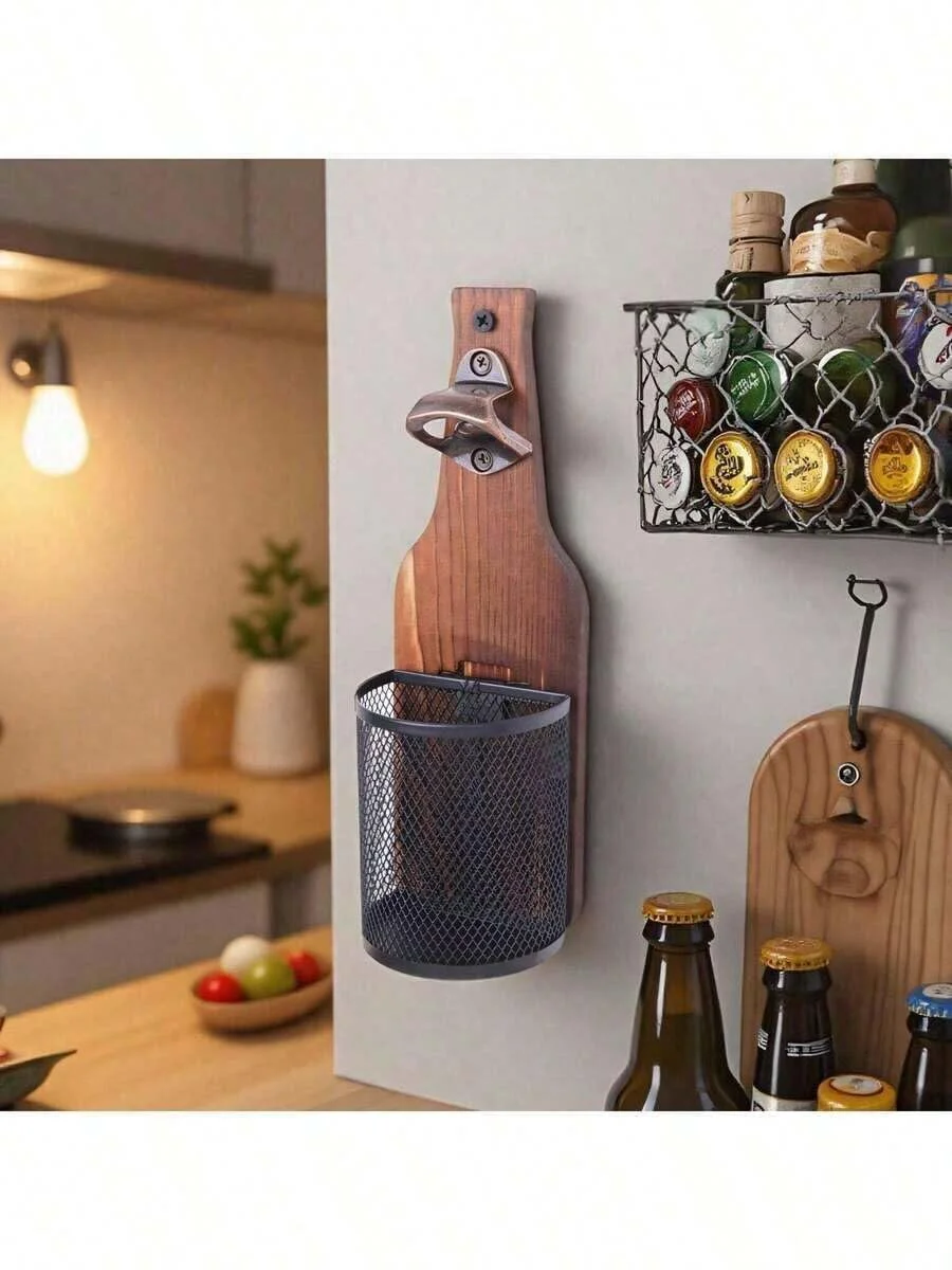 Wandmontierter Holz-Flaschenöffner mit Netz-Kappenfänger, Rustikaler Flaschenöffner für Hausbar, Küche & Outdoor-Nutzung, Ideales Geschenk – Detail 3