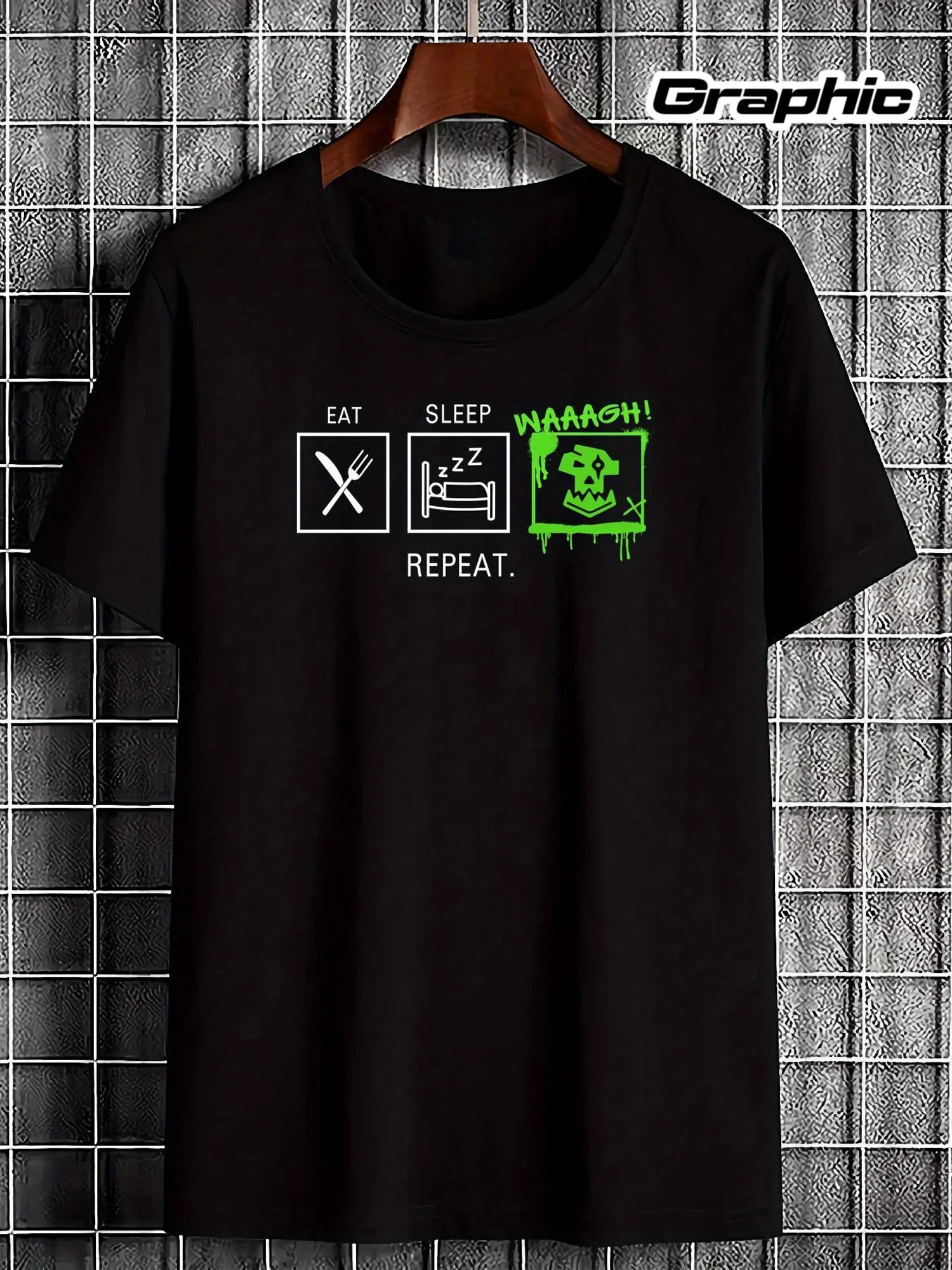 40K Orc T-shirt - Eat, Sleep, Game Recurring Pattern T-shirt  Soft and Breathable with Neon Green - WH40K Waaagh Game Apparel