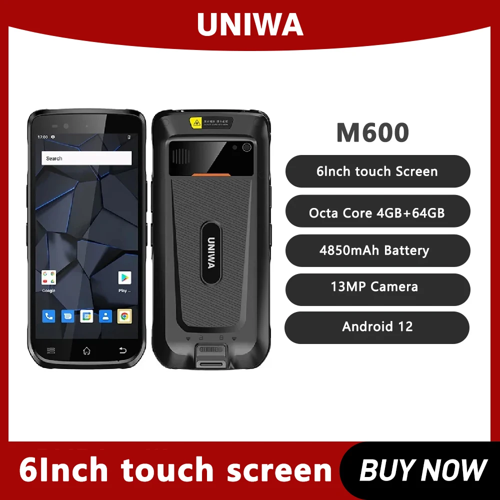 Uniwa M600 Rugged Smartphones 6Inch IPS Octa Core 4GB+64GB Android 12 4G Mobile Phone Waterpfoof Handheld Pad 4850mAh 13MP NFC