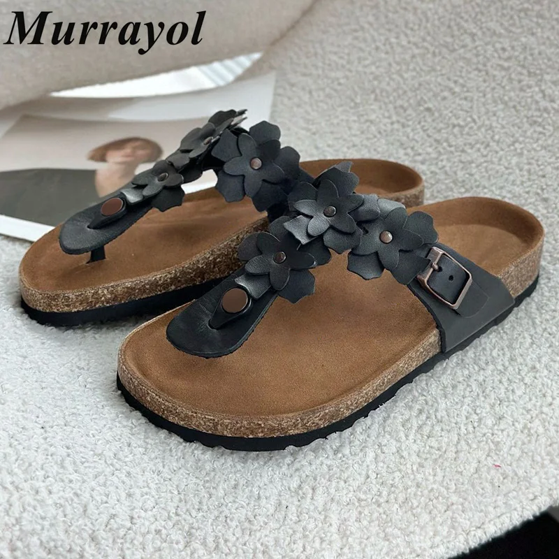 

Genuine Leather Retro Style Flip Flops Slippers Women Flower Decor Thick Bottom Slides Summer Outdoor Vacation Beach Shoes
