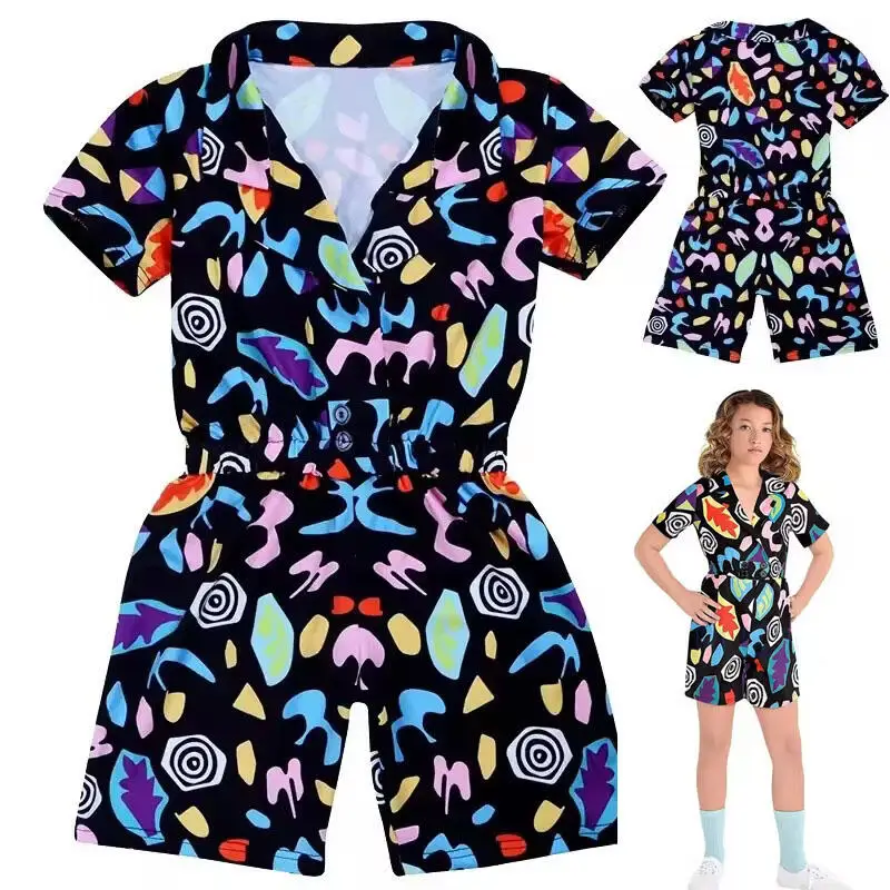 Bunter bedruckter Jumpsuit im Filmstil, Cosplay-Outfit, kurzärmliger Strampler mit Revers, Rollenspiel-Kostüm für Halloween-Themenparty