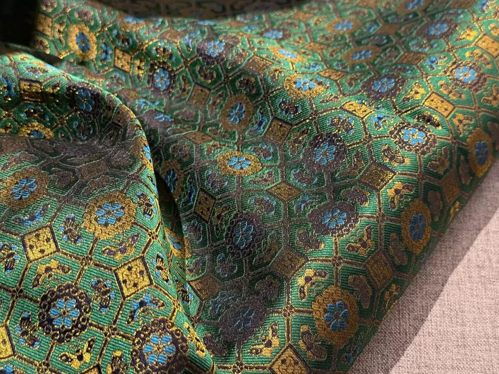 Green Geometric Gourd Motif Designer Fabric 100% Silk Song Brocade for Hair Clips Waistcoats and Decorative Pouches