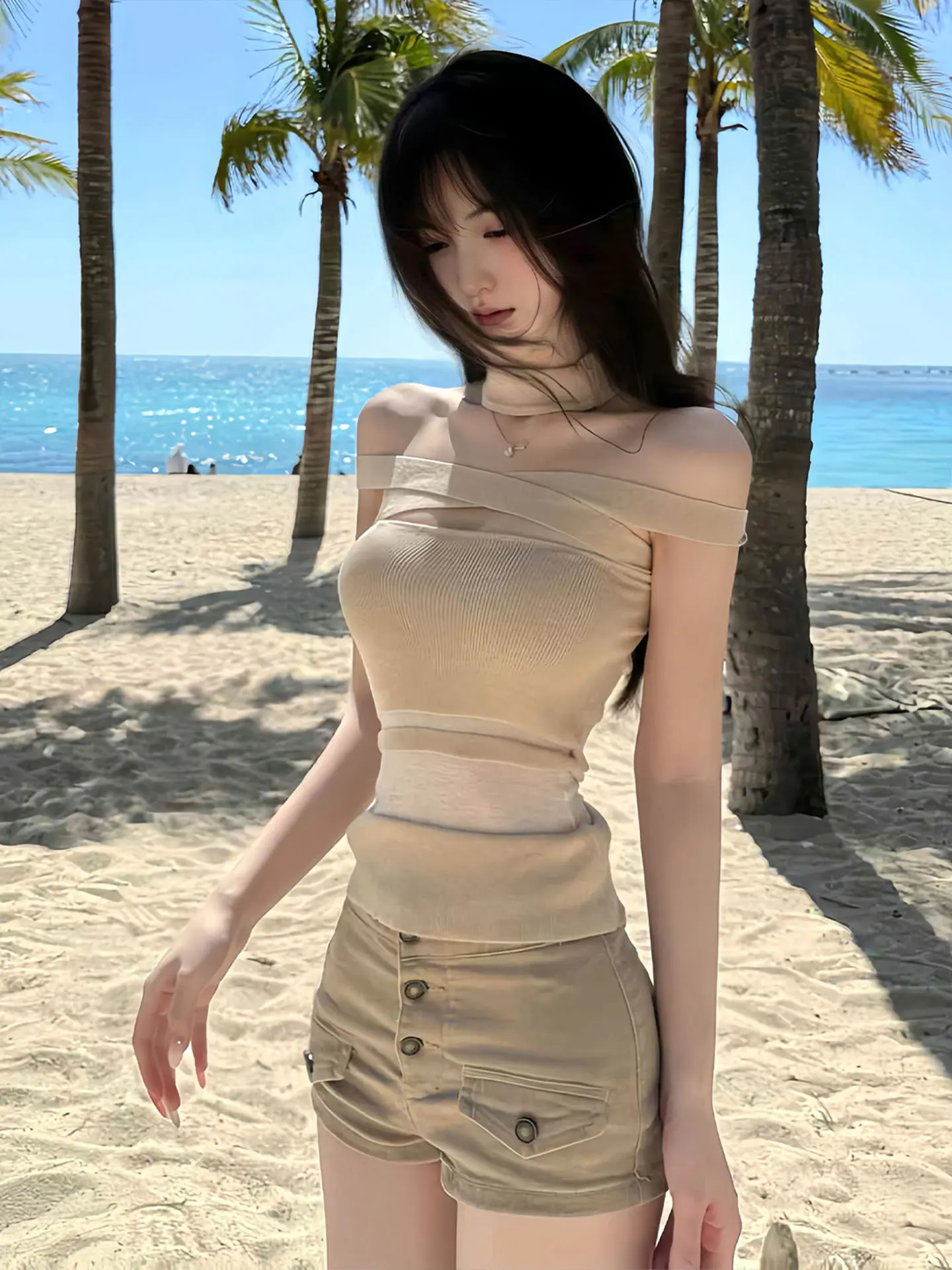 Kaki Color Y2K Single Button Denim Shorts Women's Summer Small Size High Waist Sexy Tight Butt Shorts Hot Pants Cotton Elasti...