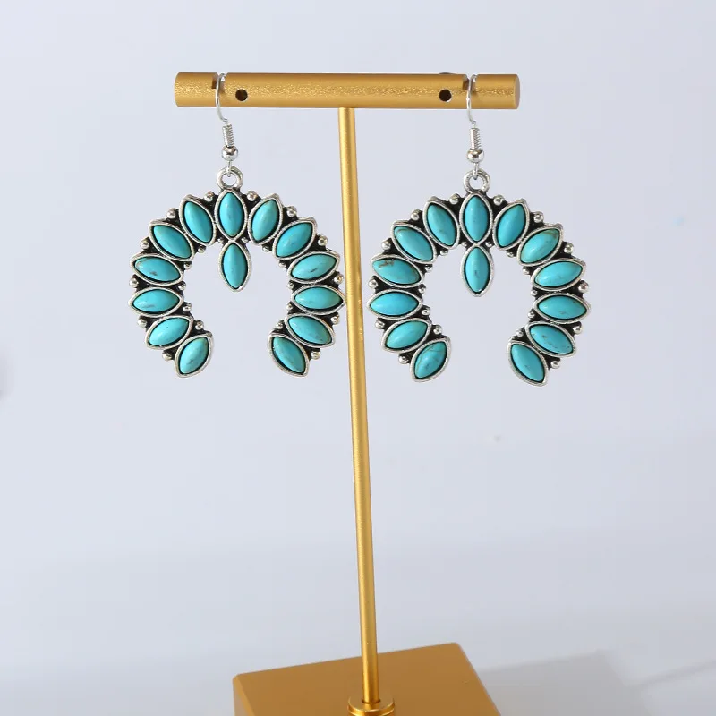 AliExpress new trend exaggerated earrings personalized retro fan-shaped turquoise hollow earrings earrings wholesale