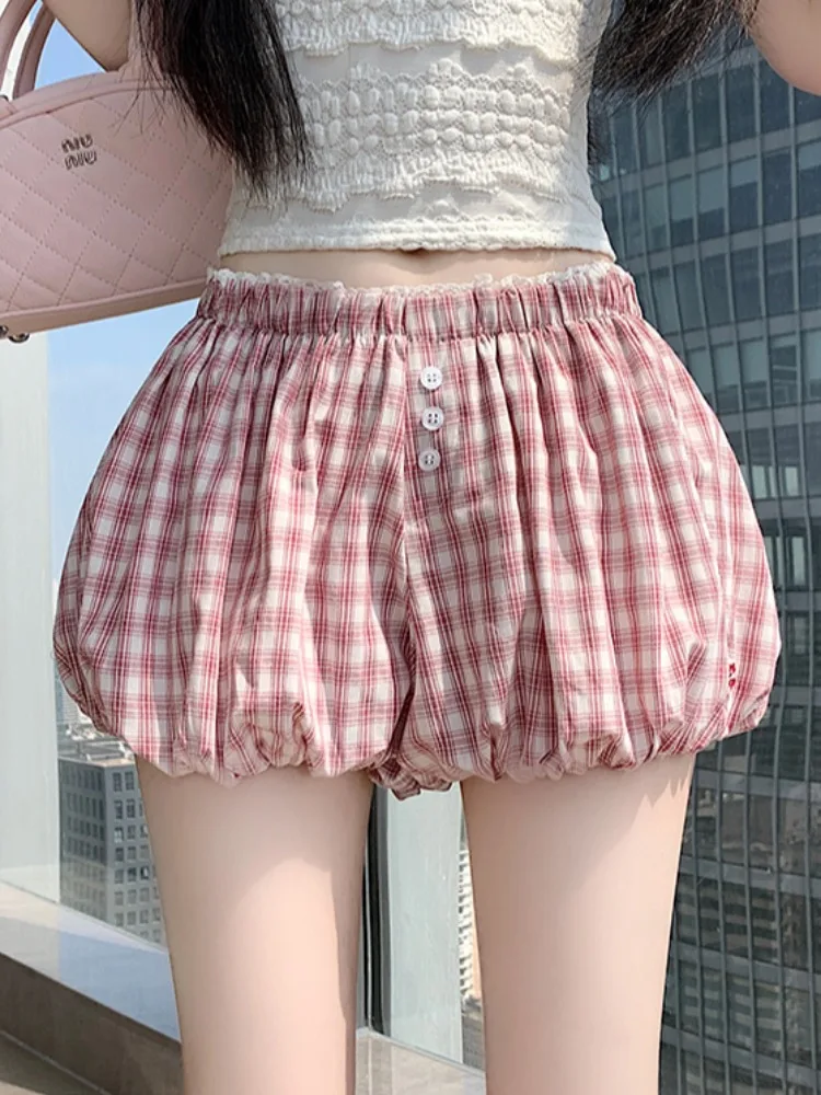 High Waist Pumpkin Patterned Women's Shorts Korean Style Grid Straight Leg Pants Summer Beautiful Match All Small Size Safety...