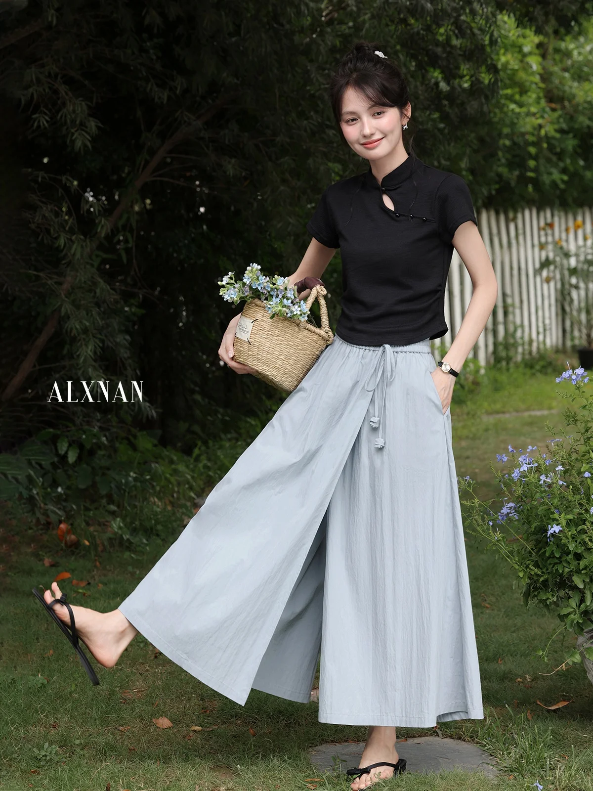 Falda Midi holgada azul romántica para mujer, novedad de verano, falda pantalón versátil Sle, falda acampanada de cintura media para ir al trabajo