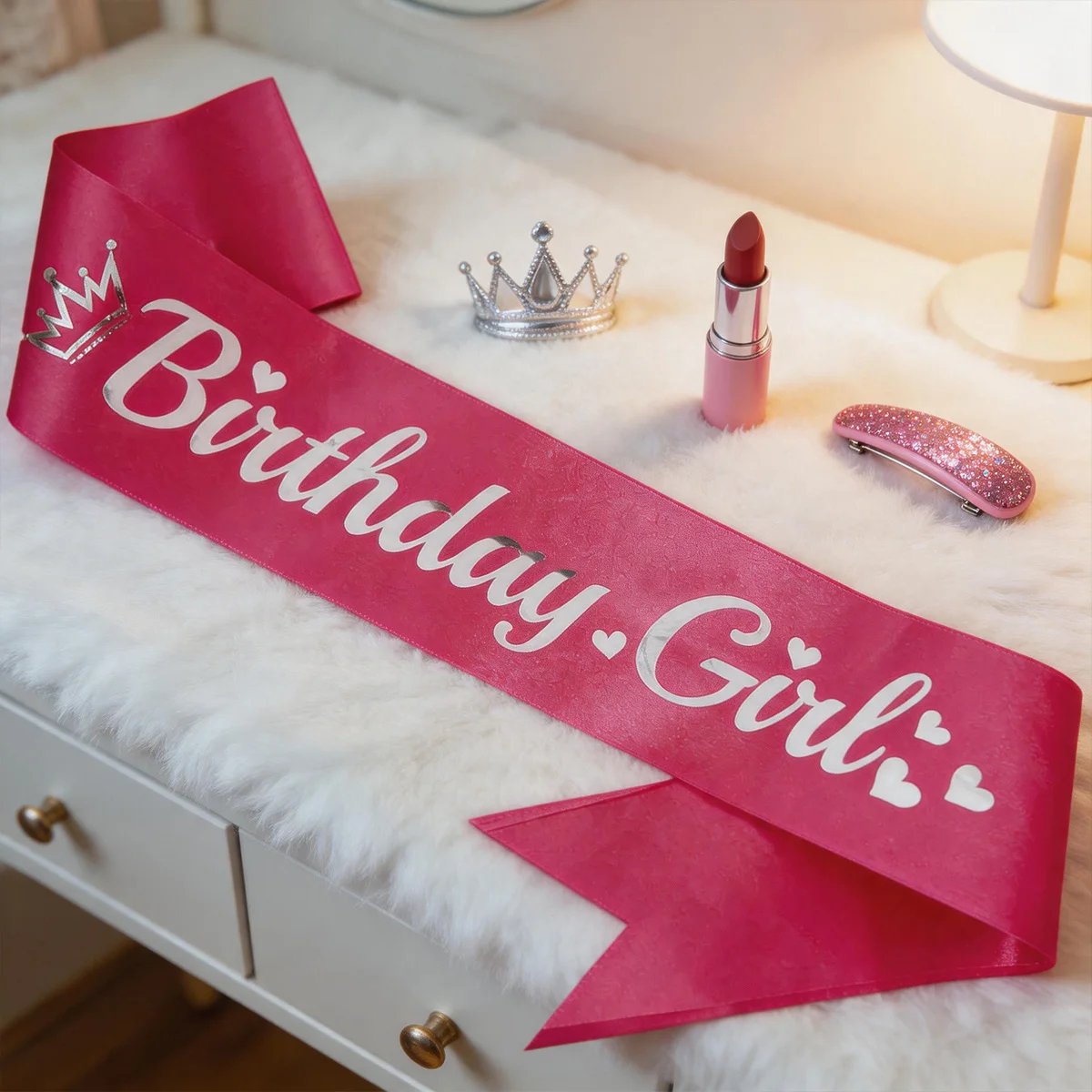 Smooth Hot Pink Satin Birthday Girl Sash with Crown Hearts Print Birthday Celebration Decor view 6