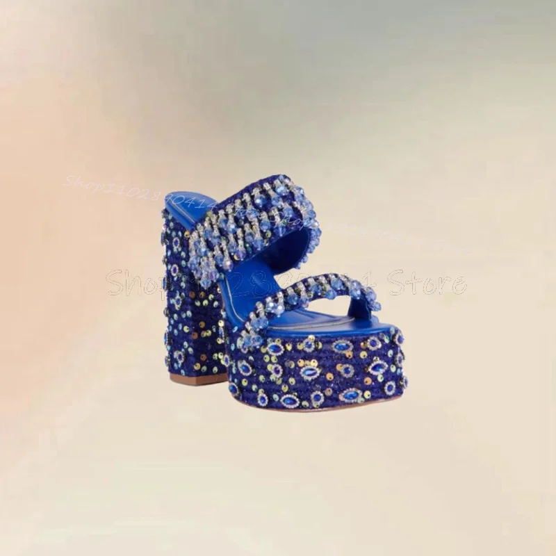 Blue Crystal Tassels Beads Decor Platform Slippers Slip On Women Shoes Chunky High Heels Open Toe Party 2024 Zapatos Para Mujere