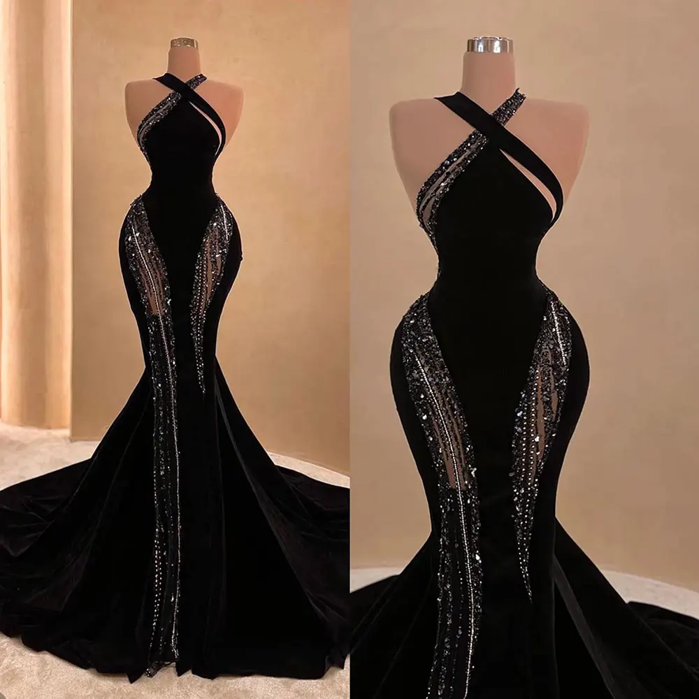 Vintage Halterneck Evening Dresses Sexy Women 2024 Crystal Beaded Lace Mermaid Prom Gowns Sleeveless Formal Occasion Party Robe