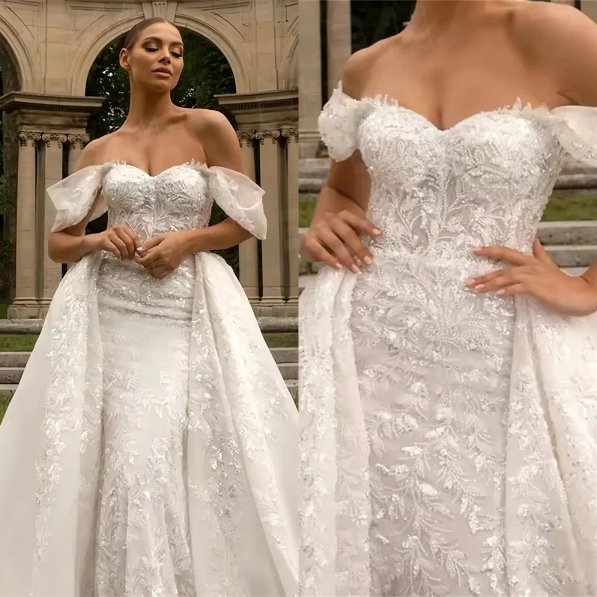 

Классическое женское свадебное платье трапециевидной формы с вырезом в форме сердца и открытыми плечами, свадебные платья с блестками и аппликациями, платье со съемным шлейфом по индивидуальному заказу