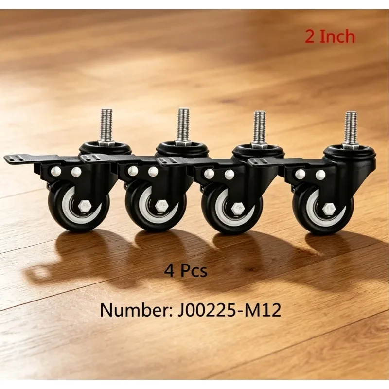 4 Pcs  Casters 2'' Screw M12 Double Brake Gold Drill Wheel Black Mute Universal Pulley Sewing Machine Embroidery