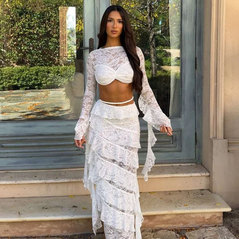 

Lace Ribbon Skirt Women's Suit Sexy Hollow Long sleeves Top Navels Ruffled Long Skirt Female Club Party Two Piece Sets