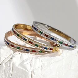 Greatera Luxury Colorful Cubic Zirconia Charm Bangles Bracelets for Women Gold Color Stainless Steel Rhinestone Bangle Jewelry