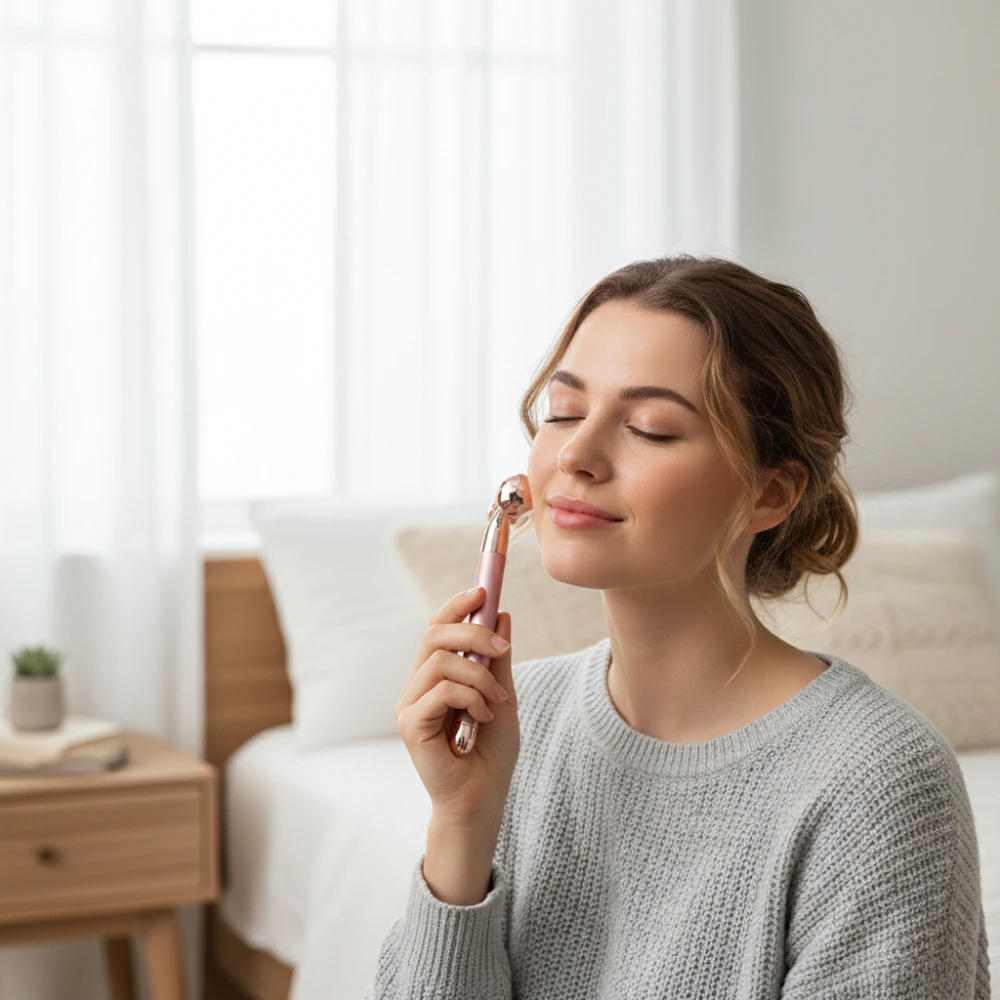 جهاز تدليك الوجه باللون الذهبي عيار 24 قيراط، قضيب تجميل الطاقة، شد الوجه، العناية بالبشرة المضادة للتجاعيد، أداة تنحيف الوجه، ثلاثة في واحد #3