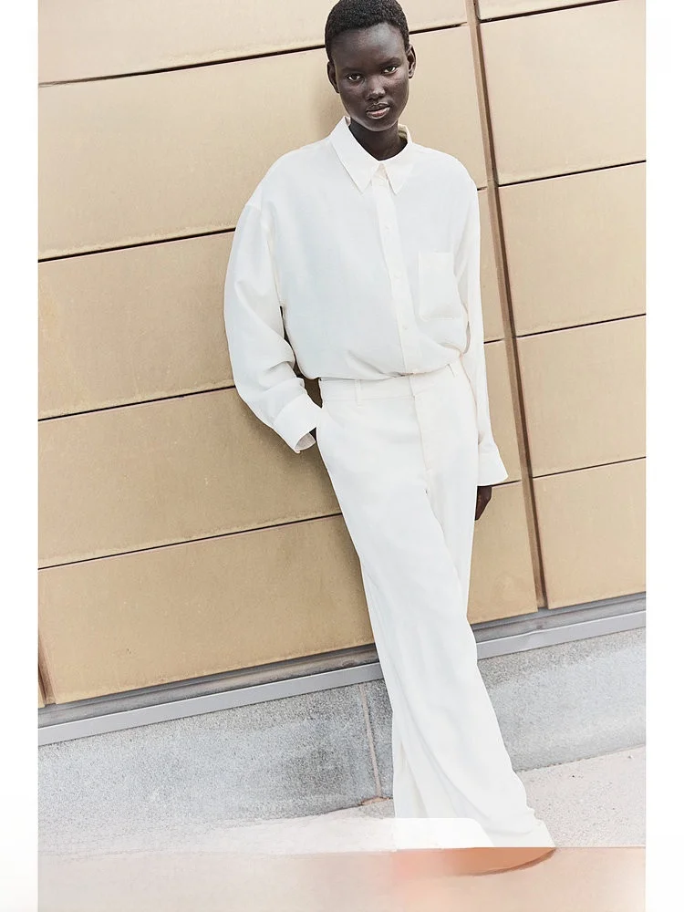 

H&M Women's irt Spring Turn-down Collar Long Sve Simple Air Conditioning Stripe Print Top Casual Sle Regular Length