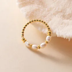 Minar Textured Rice Freshwater Pearl Copper Bead Strand Elastic Wedding Bands for Women 14K Gold Silver Plated Finger Rings