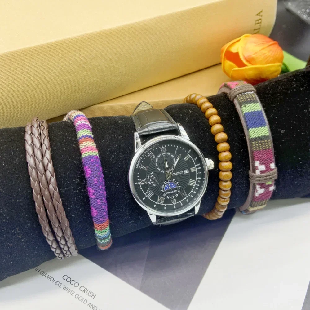 ชุดนาฬิกาควอทซ์ปฏิทินมัลติฟังก์ชัน5ชิ้นประกอบด้วยกล่องสร้อยข้อมือ