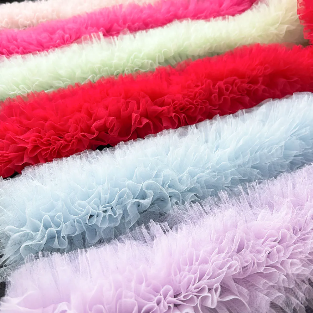 

1Yard Pink White Blue Puff Skirt Lace Fabrics 3D Mesh Pleated For Sew Doll Clothes Headwear Curtain Party Background Decoration