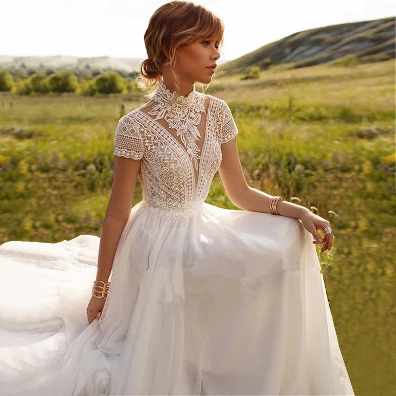 Vestido de novia bohemio de manga corta de encaje con cuello alto para mujer, vestidos de novia de campo sin espalda hechos a medida