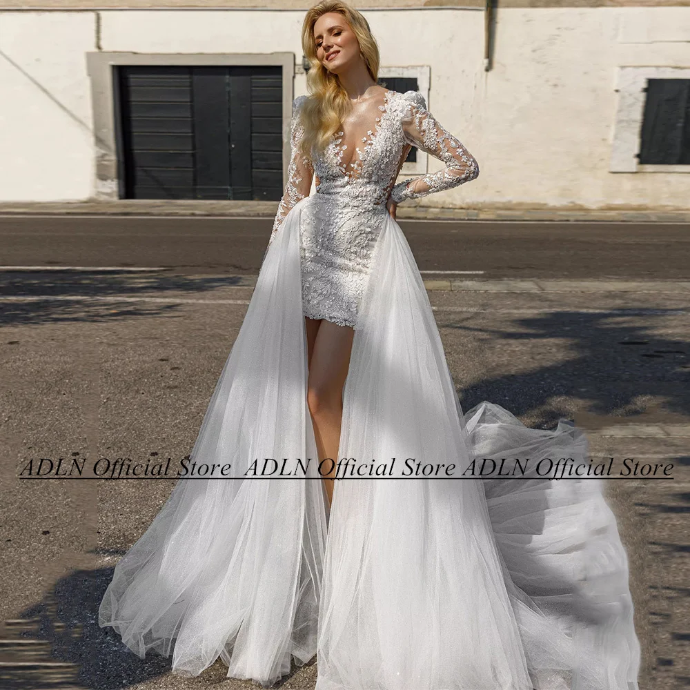 Short Wedding Dress with Detachable Glitter Tulle Skirt Customized Long Sleeves See Through Sequined Applique Bride Bridal Gown