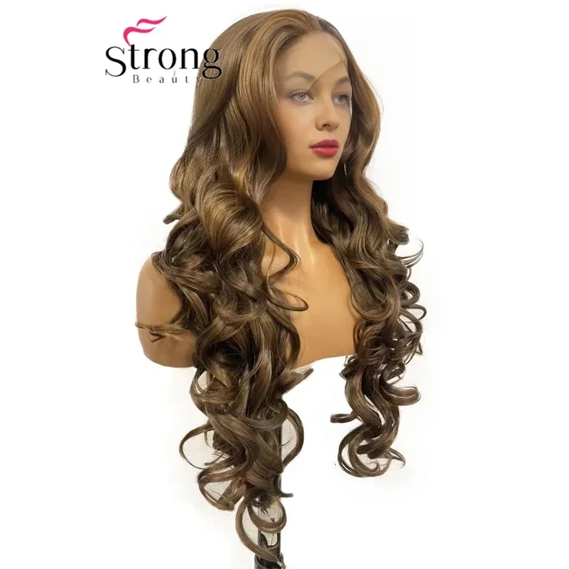 Long Brown Synthetic Lace Front Wig 28 Inch Body Wave Fiber Lace Wig For woman Cosplay Fake Hair Heat Resistant