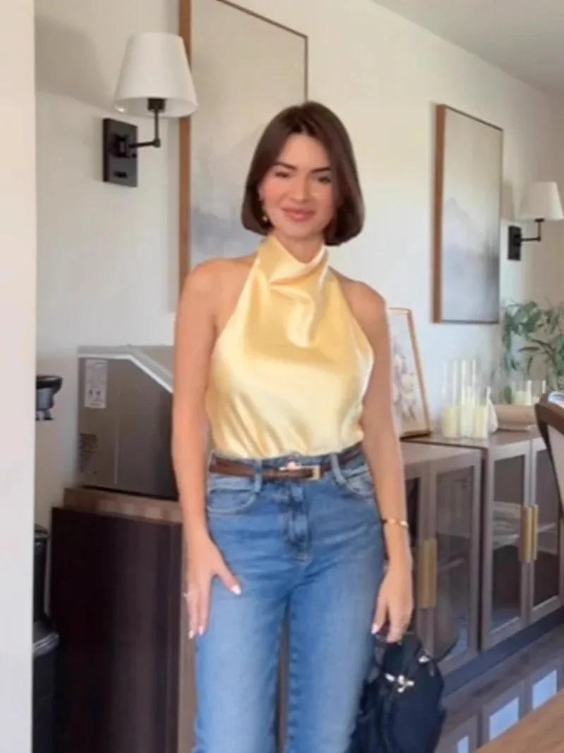 Women's Satin Halter Neck Tank Top off Shoulder Crop Camisole Slim Fit Inner Wear Pure Color Backless Style Vest Blouse