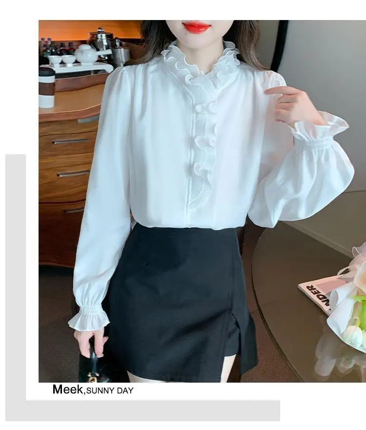 Lace Chiffon Shirt for Women in Spring Standing Collar Flower and Wood Ear Splicing Long Sleeved Elegant Versatile Top