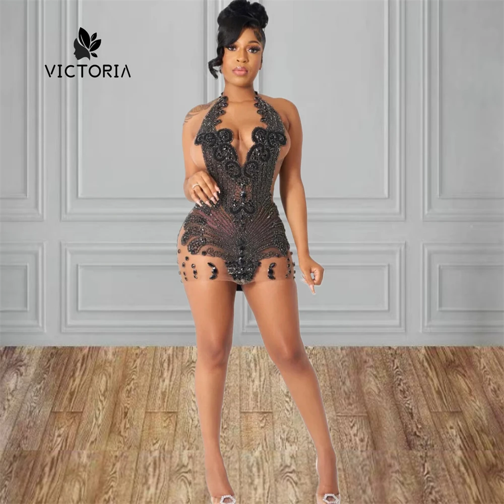 

African Black Halter Mini Cocktail Prom Dresses Black Girls Beaded Rhinestones Birthday Party Gowns Homecoming Dress Customized