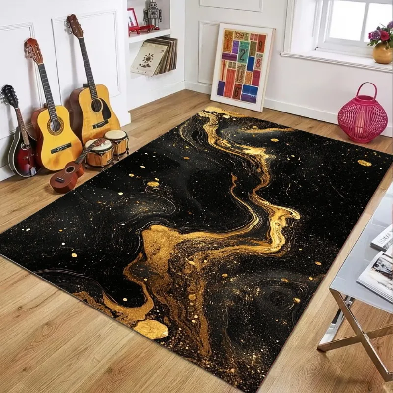 Artistic Fluid Print Carpet Black Gold Marble Texture Area Rug Modern Luxury Home Decor Soft Non-slip Floor Mat for Living Room