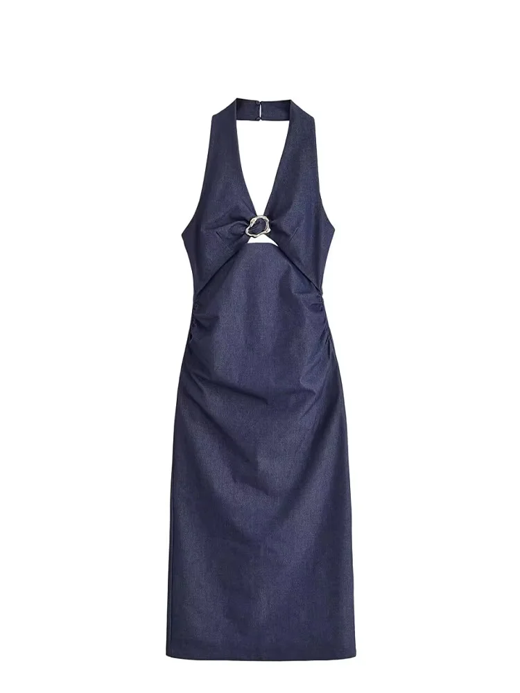 HH 2025 Abito longuette da donna con orlo diviso e cerniera posteriore senza schienale Abito estivo da donna senza maniche con design aperto e scollo all'americana