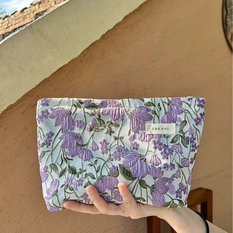 Purple Lavender Floral Woven Canvas Makeup Bag Women Portable Handheld Clutch Student Travel Toiletry Storage Pouch Zipper Case