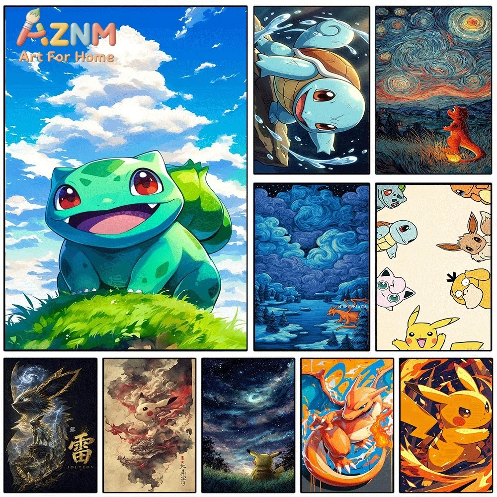 Anime Pokemon Fresh Bulbasaur Canvas Wall Art, Grass‑type Pocket Monster Cartoon Frameless Canvas Painting for Kids Bedroom Li