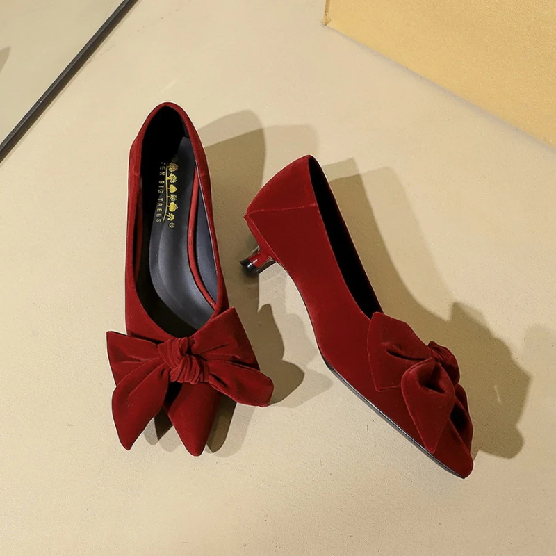 Korean Temperament Suede Stiletto Single Shoes With Pointed Toe And Versatile Bow Casual Low-Heeled Commuting Shoes For Women - view 2