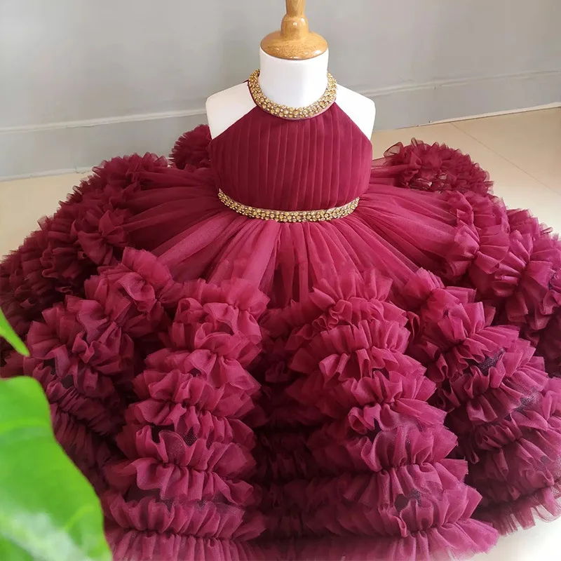 

Лето 2025 г., пышная юбка в стиле милого шеи для девочек, платье для выступлений, платье для хозяев, платье принцессы с цветочным узором для девочек, банкет на неделю моды