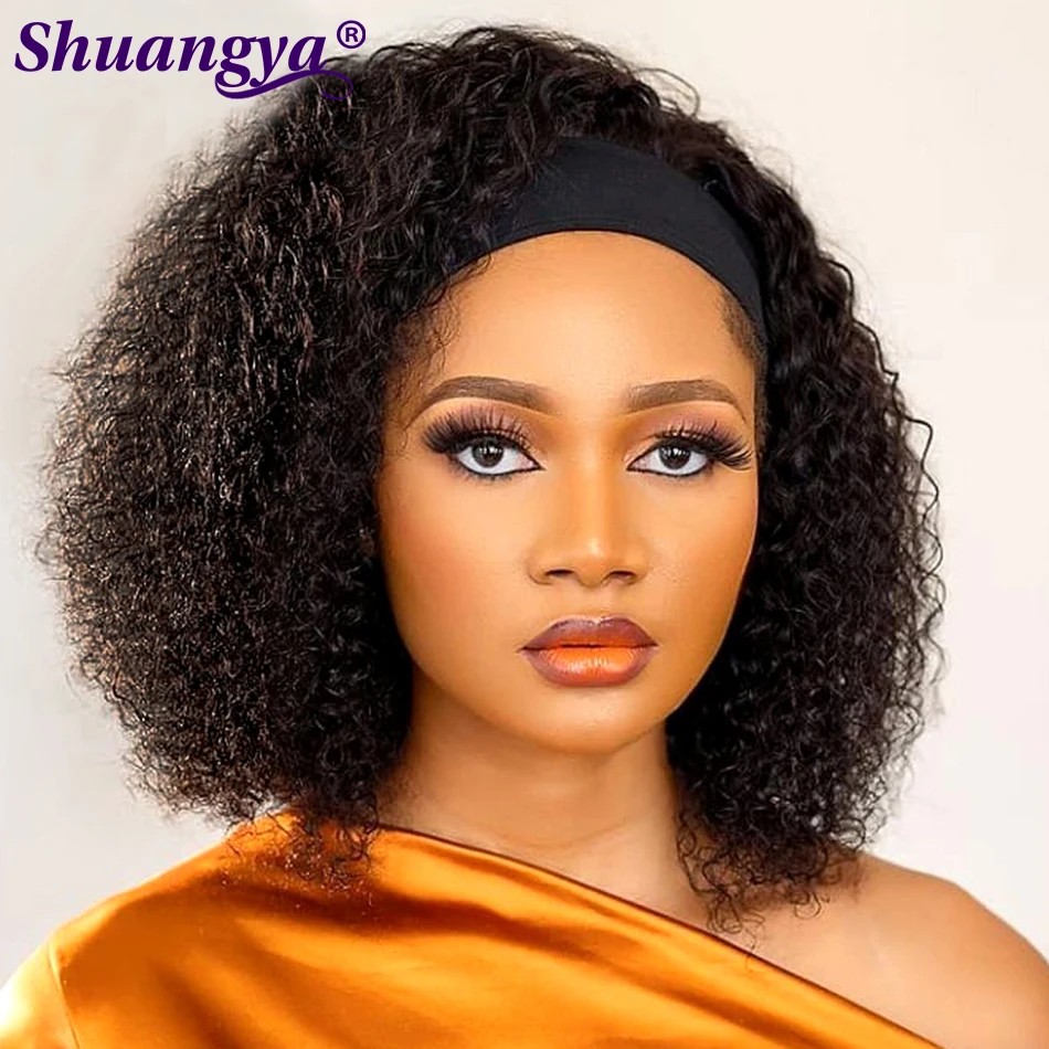 Indian Hair Kinky Curly Human Hair Headband Wig Deep Curly Short Scarf Wig 200% Density Water Weave Headband Wigs For Women