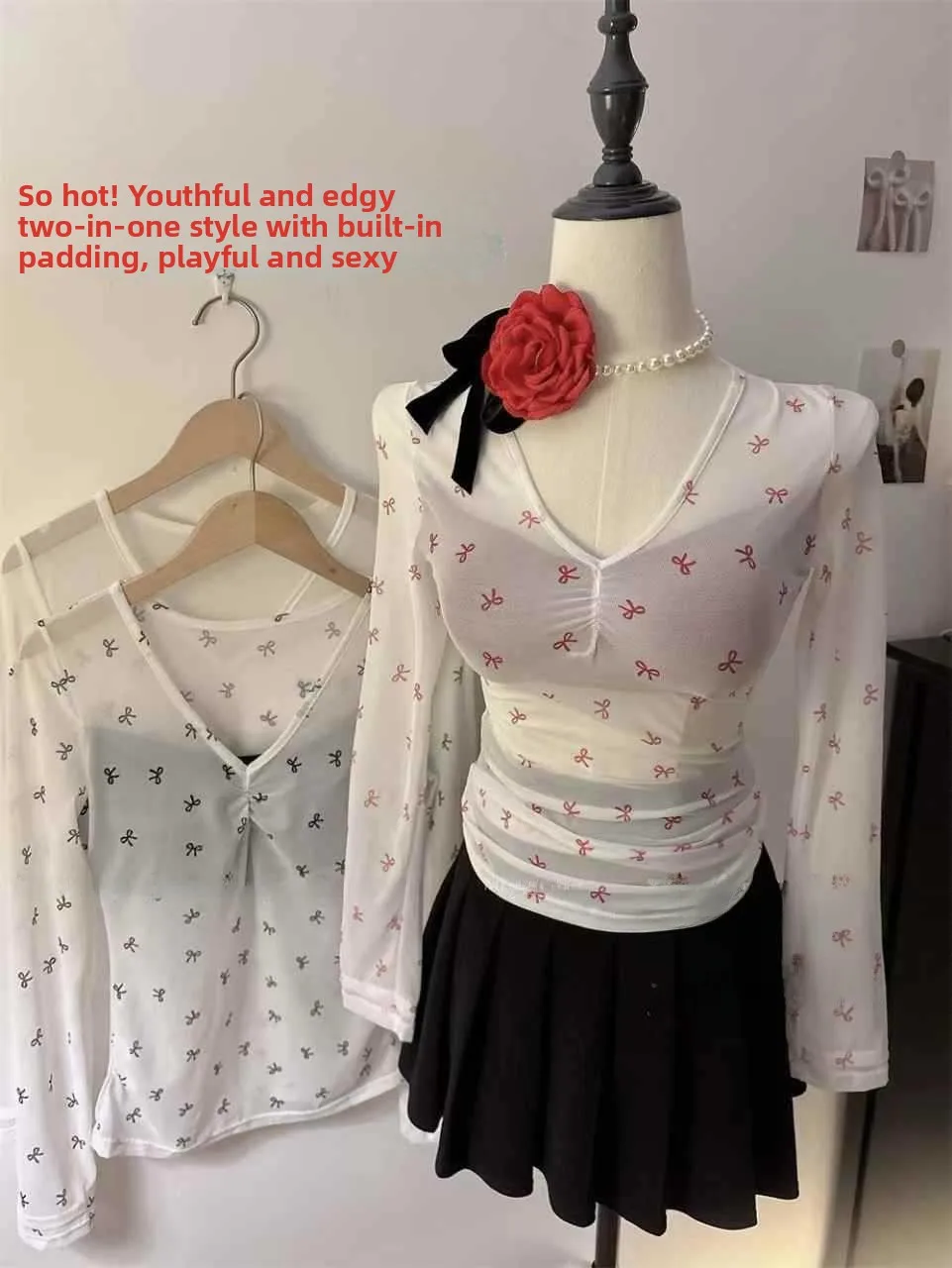 Sexy Gathered Top Bottoms Two-Piece Suit Long Sleeve Sun Protection Clothes Inner Chest Pad Small Chest Gathered T-Shirt