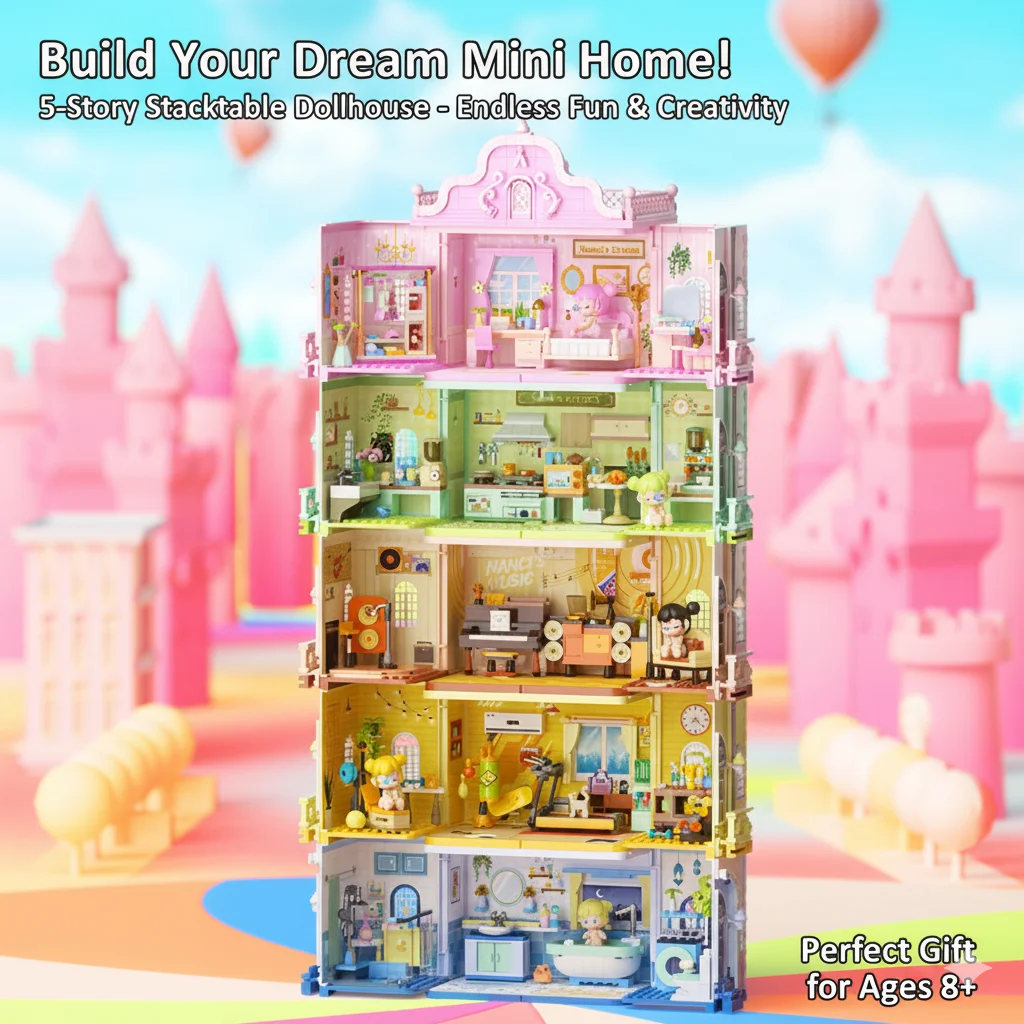 DIY Building Blocks Dollhouse Castle Puzzle Toy Multi-Layer Stacking Rooms With Lighting For Girls Role Play Birthday Gift Decor