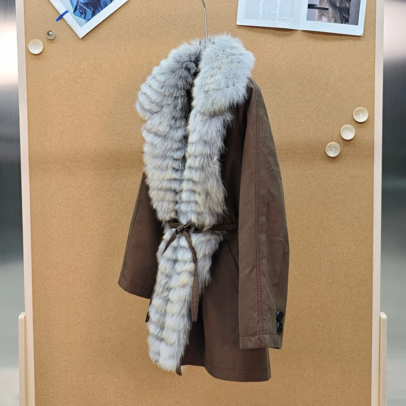 2026 Winter Women Coffee Real Fox Fur Collar Parka Warm 90% Goose Down Jacket Loose Belt Long Parka Coat